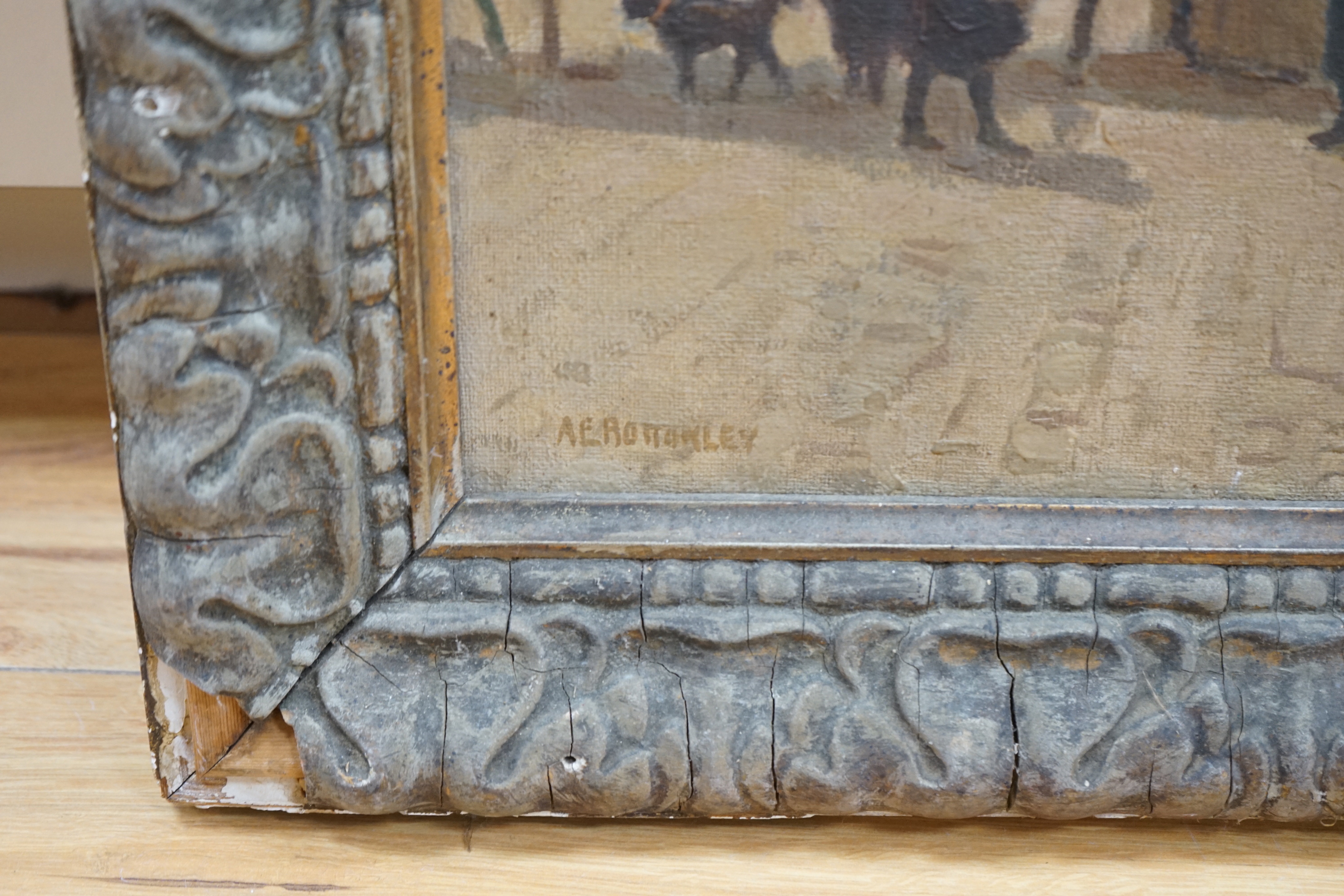 Albert Ernest Bottomley (1873-1950), oil on canvas, 'Market Day, Bruges', signed and inscribed, 60cm x 49cm